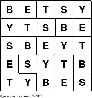 The grouppuzzles.com Answer grid for the Betsy puzzle for Thursday August 7, 2025