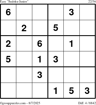 The grouppuzzles.com Easy Sudoku-Junior puzzle for Thursday August 7, 2025