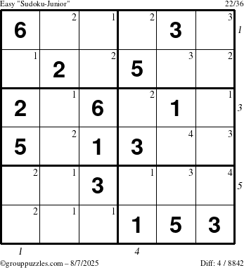 The grouppuzzles.com Easy Sudoku-Junior puzzle for Thursday August 7, 2025 with all 4 steps marked