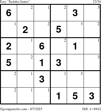 The grouppuzzles.com Easy Sudoku-Junior puzzle for Thursday August 7, 2025 with the first 3 steps marked
