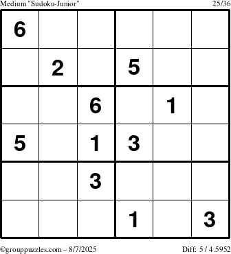 The grouppuzzles.com Medium Sudoku-Junior puzzle for Thursday August 7, 2025