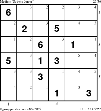 The grouppuzzles.com Medium Sudoku-Junior puzzle for Thursday August 7, 2025 with all 5 steps marked