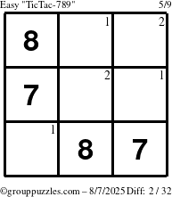 The grouppuzzles.com Easy TicTac-789 puzzle for Thursday August 7, 2025 with the first 2 steps marked