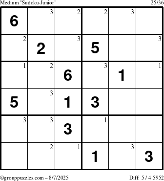 The grouppuzzles.com Medium Sudoku-Junior puzzle for Thursday August 7, 2025 with the first 3 steps marked