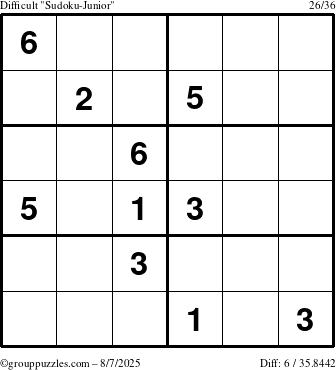 The grouppuzzles.com Difficult Sudoku-Junior puzzle for Thursday August 7, 2025