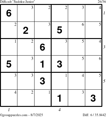 The grouppuzzles.com Difficult Sudoku-Junior puzzle for Thursday August 7, 2025 with all 6 steps marked