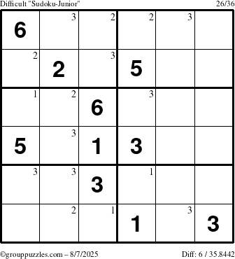 The grouppuzzles.com Difficult Sudoku-Junior puzzle for Thursday August 7, 2025 with the first 3 steps marked