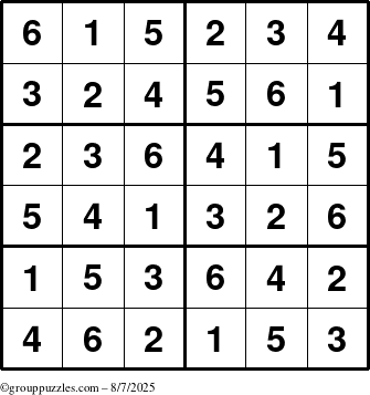 The grouppuzzles.com Answer grid for the Sudoku-Junior puzzle for Thursday August 7, 2025