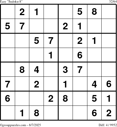 The grouppuzzles.com Easy Sudoku-8 puzzle for Thursday August 7, 2025