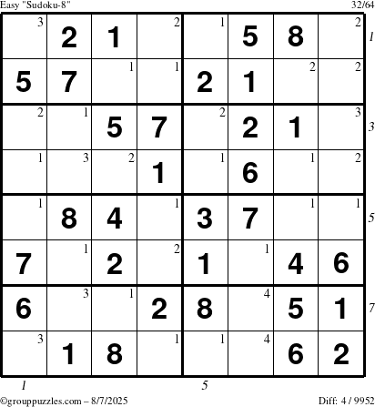 The grouppuzzles.com Easy Sudoku-8 puzzle for Thursday August 7, 2025 with all 4 steps marked