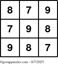 The grouppuzzles.com Answer grid for the TicTac-789 puzzle for Thursday August 7, 2025