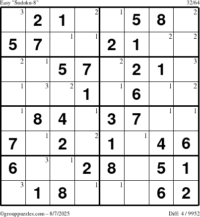 The grouppuzzles.com Easy Sudoku-8 puzzle for Thursday August 7, 2025 with the first 3 steps marked