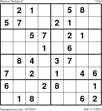 The grouppuzzles.com Medium Sudoku-8 puzzle for Thursday August 7, 2025