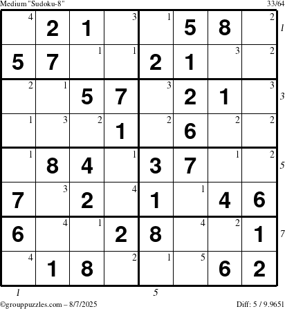 The grouppuzzles.com Medium Sudoku-8 puzzle for Thursday August 7, 2025 with all 5 steps marked