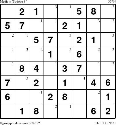 The grouppuzzles.com Medium Sudoku-8 puzzle for Thursday August 7, 2025 with the first 3 steps marked