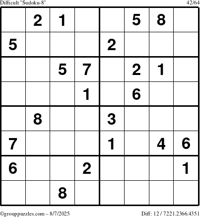 The grouppuzzles.com Difficult Sudoku-8 puzzle for Thursday August 7, 2025