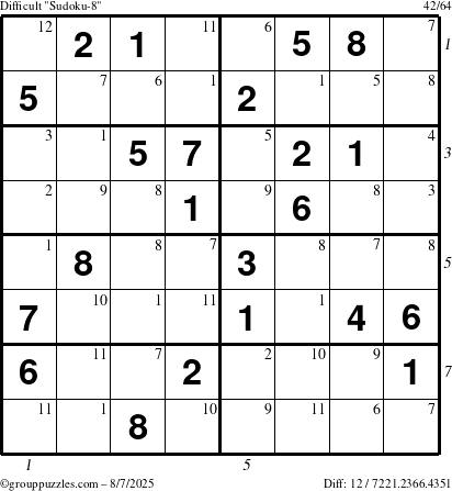 The grouppuzzles.com Difficult Sudoku-8 puzzle for Thursday August 7, 2025 with all 12 steps marked