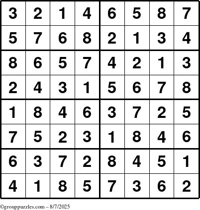 The grouppuzzles.com Answer grid for the Sudoku-8 puzzle for Thursday August 7, 2025