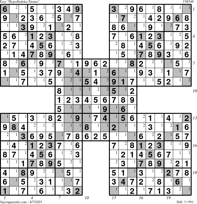 The grouppuzzles.com Easy cover-HyperXtreme puzzle for Thursday August 7, 2025 with all 3 steps marked