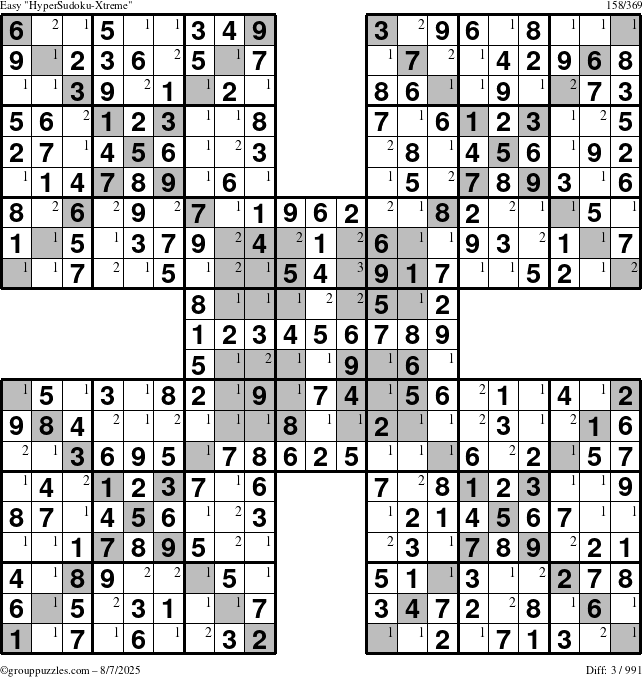The grouppuzzles.com Easy cover-HyperXtreme puzzle for Thursday August 7, 2025 with the first 3 steps marked
