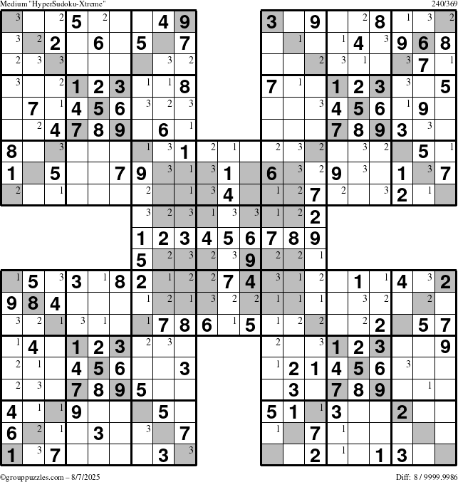 The grouppuzzles.com Medium cover-HyperXtreme puzzle for Thursday August 7, 2025 with the first 3 steps marked