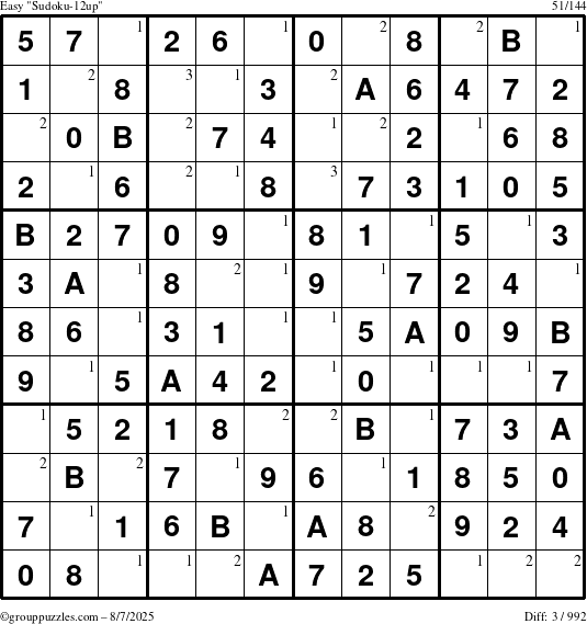 The grouppuzzles.com Easy Sudoku-12up puzzle for Thursday August 7, 2025 with the first 3 steps marked