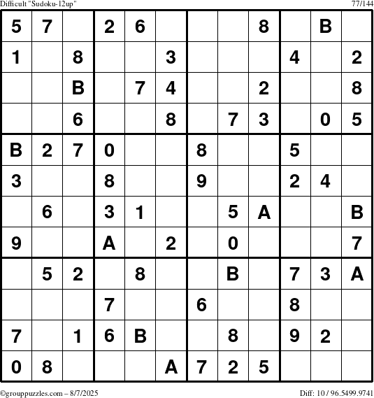 The grouppuzzles.com Difficult Sudoku-12up puzzle for Thursday August 7, 2025