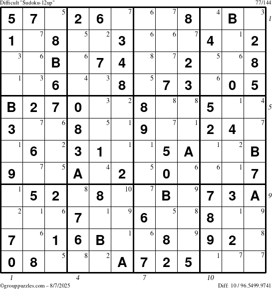 The grouppuzzles.com Difficult Sudoku-12up puzzle for Thursday August 7, 2025 with all 10 steps marked