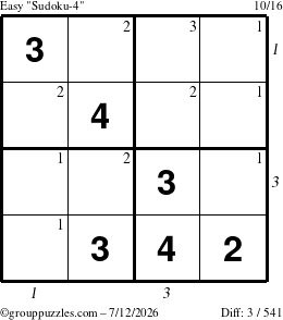 The grouppuzzles.com Easy Sudoku-4 puzzle for Sunday July 12, 2026, suitable for printing, with all 3 steps marked