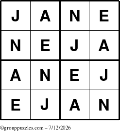 The grouppuzzles.com Answer grid for the Jane puzzle for Sunday July 12, 2026