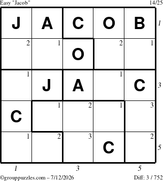 The grouppuzzles.com Easy Jacob puzzle for Sunday July 12, 2026 with all 3 steps marked