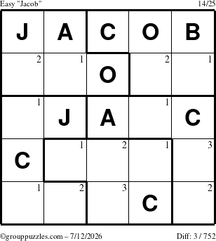The grouppuzzles.com Easy Jacob puzzle for Sunday July 12, 2026 with the first 3 steps marked