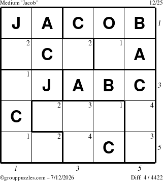 The grouppuzzles.com Medium Jacob puzzle for Sunday July 12, 2026 with all 4 steps marked