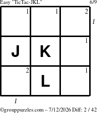 The grouppuzzles.com Easy TicTac-JKL puzzle for Sunday July 12, 2026, suitable for printing, with all 2 steps marked