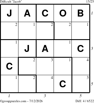 The grouppuzzles.com Difficult Jacob puzzle for Sunday July 12, 2026 with all 4 steps marked