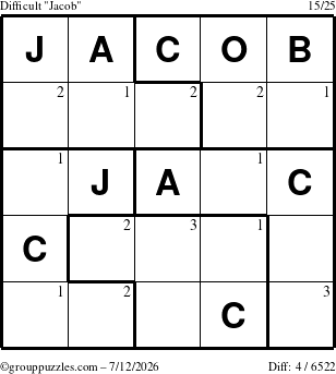 The grouppuzzles.com Difficult Jacob puzzle for Sunday July 12, 2026 with the first 3 steps marked