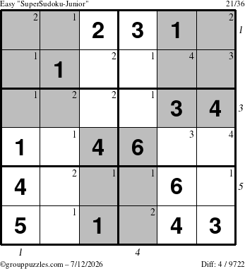 The grouppuzzles.com Easy SuperSudoku-Junior puzzle for Sunday July 12, 2026 with all 4 steps marked