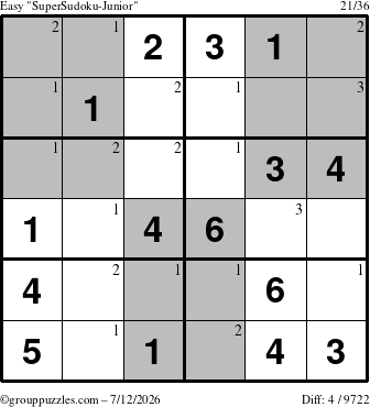 The grouppuzzles.com Easy SuperSudoku-Junior puzzle for Sunday July 12, 2026 with the first 3 steps marked