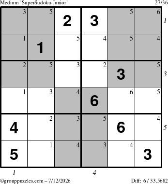 The grouppuzzles.com Medium SuperSudoku-Junior puzzle for Sunday July 12, 2026 with all 6 steps marked