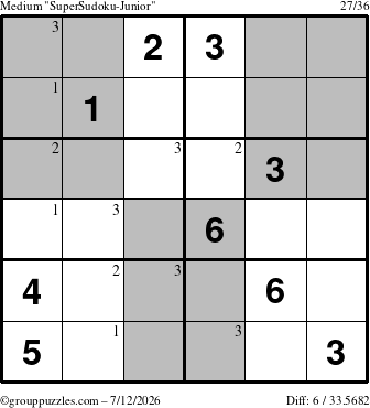 The grouppuzzles.com Medium SuperSudoku-Junior puzzle for Sunday July 12, 2026 with the first 3 steps marked