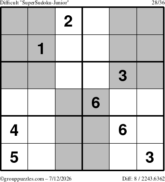 The grouppuzzles.com Difficult SuperSudoku-Junior puzzle for Sunday July 12, 2026