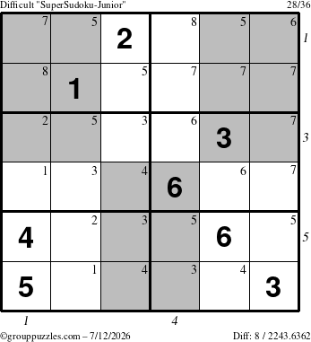 The grouppuzzles.com Difficult SuperSudoku-Junior puzzle for Sunday July 12, 2026, suitable for printing, with all 8 steps marked