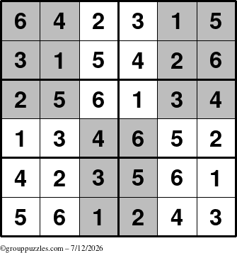 The grouppuzzles.com Answer grid for the SuperSudoku-Junior puzzle for Sunday July 12, 2026