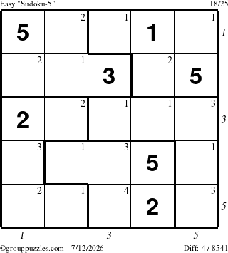 The grouppuzzles.com Easy Sudoku-5 puzzle for Sunday July 12, 2026 with all 4 steps marked