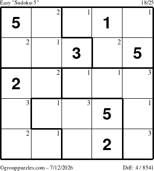 The grouppuzzles.com Easy Sudoku-5 puzzle for Sunday July 12, 2026 with the first 3 steps marked