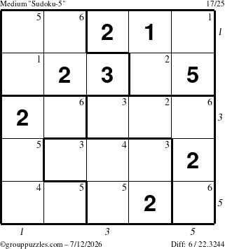 The grouppuzzles.com Medium Sudoku-5 puzzle for Sunday July 12, 2026, suitable for printing, with all 6 steps marked