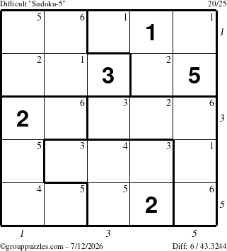 The grouppuzzles.com Difficult Sudoku-5 puzzle for Sunday July 12, 2026, suitable for printing, with all 6 steps marked