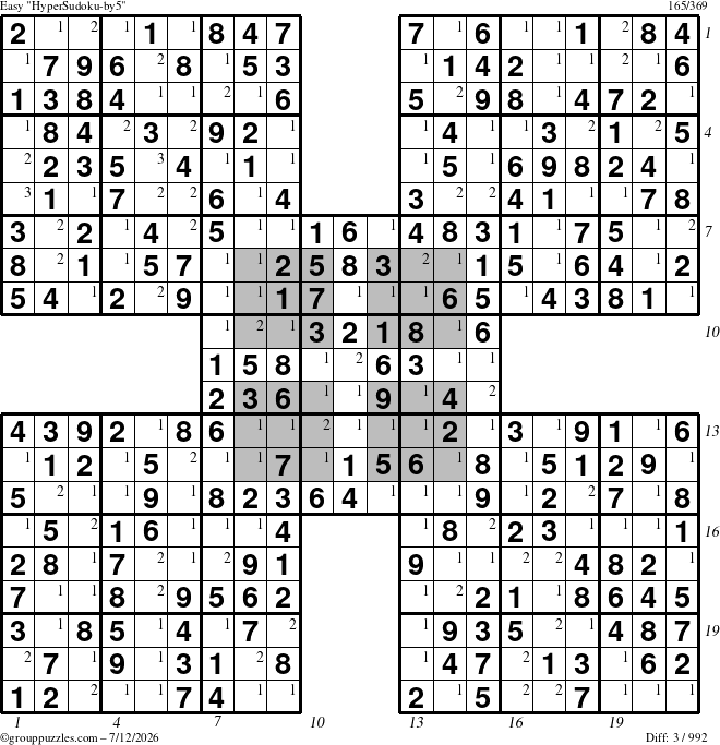 The grouppuzzles.com Easy HyperSudoku-by5 puzzle for Sunday July 12, 2026, suitable for printing, with all 3 steps marked