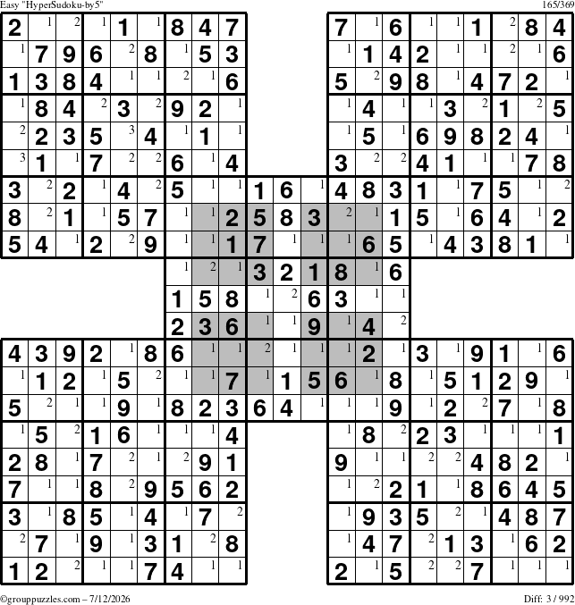 The grouppuzzles.com Easy HyperSudoku-by5 puzzle for Sunday July 12, 2026 with the first 3 steps marked