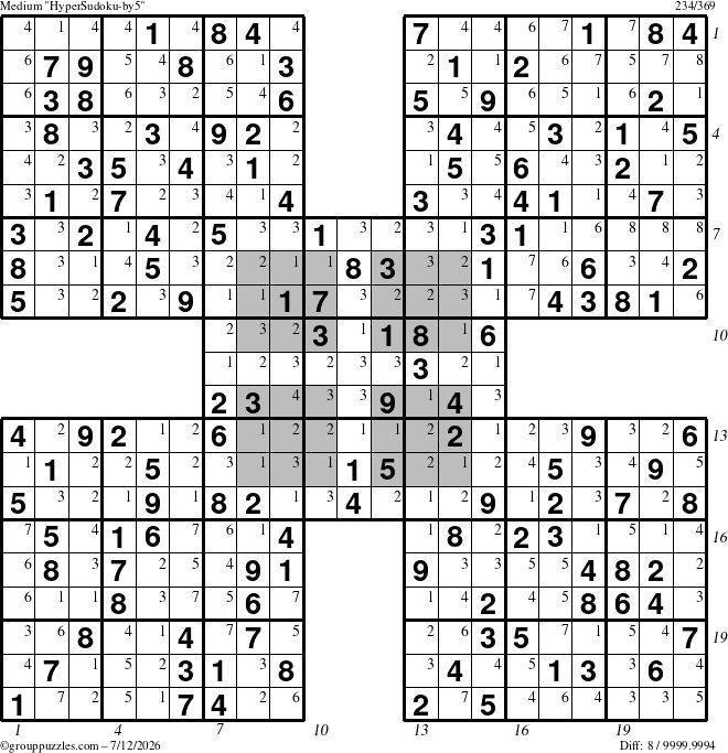 The grouppuzzles.com Medium HyperSudoku-by5 puzzle for Sunday July 12, 2026, suitable for printing, with all 8 steps marked